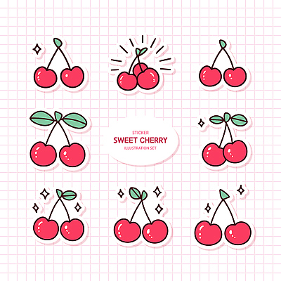 스티커 잎 일러스트 사람없음 빨간색 반짝임 세트 귀여움 체리 달콤 국내일러스트 AI파일 식물 컬러 컨셉 과일 모션 맛 파일형식 벡터