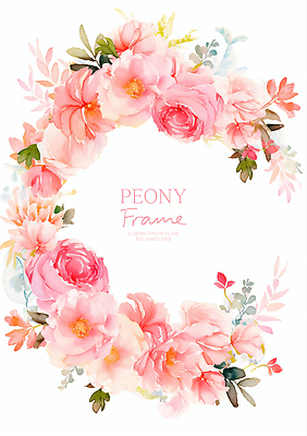 PSD 분홍색 잎 일러스트 봄꽃 수채화 사람없음 원형프레임 작약 국내일러스트 식물 꽃 컬러 프레임 봄 원형 파일형식