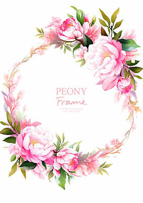 PSD 분홍색 잎 일러스트 봄꽃 수채화 사람없음 원형프레임 작약 국내일러스트 식물 꽃 컬러 프레임 봄 원형 파일형식
