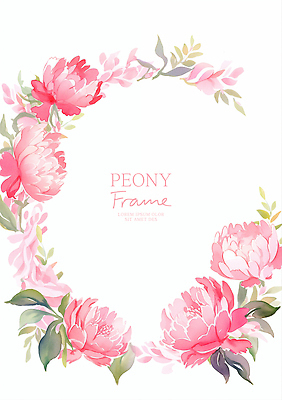 PSD 분홍색 잎 일러스트 봄꽃 수채화 사람없음 원형프레임 작약 국내일러스트 식물 꽃 컬러 프레임 봄 원형 파일형식