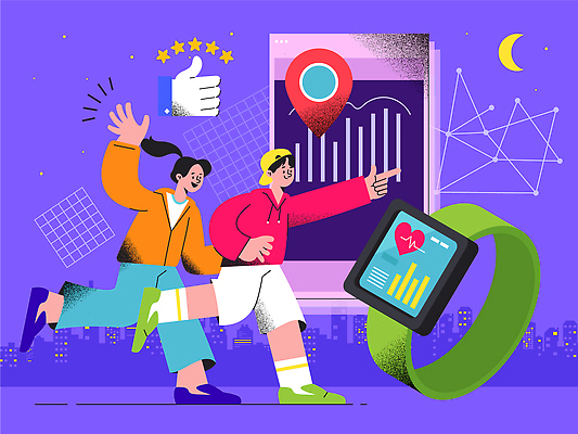 전신 여자 남자 일러스트 그래프 성인 두명 여름 스마트폰 운동복 달리기 운동 손들기 보라색 별자리 모임 달 가리킴 도시 맥박 위치 따봉 GPS 러닝 캡모자 스마트워치 성인만 국내일러스트 AI파일 자연요소 모자_잡화 옷 계절 컬러 의학 모션 건강 사람 손짓 핸드폰 스마트기기 최고 웨어러블 파일형식 벡터