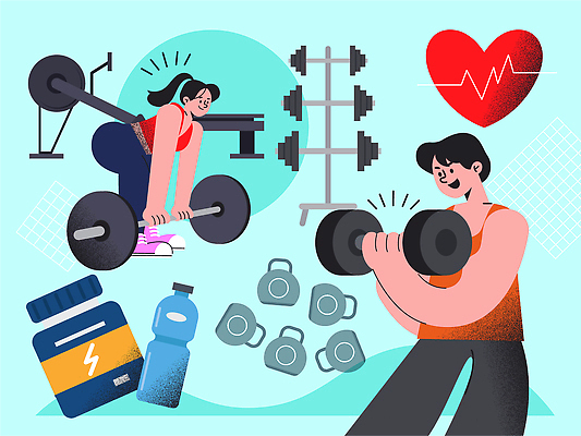 전신 여자 남자 일러스트 들기 성인 두명 물 여름 운동 운동기구 아령 하트 역기 맥박 웨이트트레이닝 물병 단백질 영양제 케틀벨 성인만 국내일러스트 AI파일 자연요소 모양 계절 의학 모션 건강 사람 약 헬스 물통 영양소 파일형식 벡터