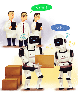 전신 PSD 여자 노년 남자 말풍선 일러스트 미소 들기 성인 세명 실험복 운반 연구원 주기 택배상자 GOOD 공존 서류판 휴머노이드 국내일러스트 직업 모션 표정 사람 상자 사무용품 가운 로봇 택배 파일형식