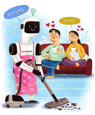 전신 PSD 부부 여자 남자 커피 쿠션 일러스트 들기 성인 두명 소파 앞치마 머그컵 다리꼬기 잡기 신호 가부좌 가정부 공존 수신 청소로봇 성인만 휴머노이드 국내일러스트 직업 커플 음료 의자 모션 사람 앉기 컵 로봇 파일형식