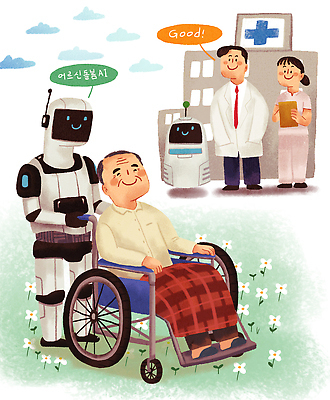 전신 PSD 구름 여자 노년 남자 꽃밭 일러스트 병원 미소 들기 성인 세명 간호사 의사가운 밀기 휠체어 요양원 공존 서류판 휴머노이드 국내일러스트 자연요소 꽃 의학 모션 표정 사람 사무용품 의료진 의사 가운 로봇 파일형식