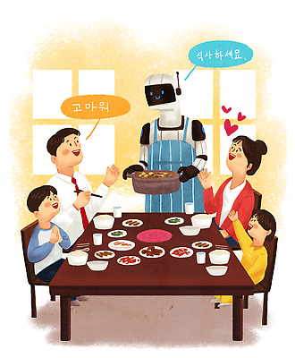 전신 PSD 여자 남자 어린이 말풍선 의자 일러스트 젓가락 식탁 반찬 사랑 웃음 들기 앉기 소녀 소년 여러명 성인 손들기 식사 앞치마 하트 감사 가정부 공존 냄비라면 휴머노이드 국내일러스트 모양 직업 감정 음식 가구 다수 모션 탁자 수저 표정 사람 라면 로봇 파일형식