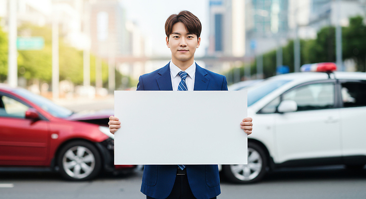 JPG 편집이미지 남자 자동차 한명 정장 상반신 성인 햇빛 손상 팻말 충돌 자동차사고 경찰차 찌그러짐 사고현장 자동차보험 의료성형뷰티 성인남자한명만 카피스페이스 편집실사 AI인물포토 AI콘텐츠 1 옷 육상교통 컨셉 프레임 사람 태양 공백 교통사고 사건 CG 보험 남자한명만 성인남자만 파일형식 AI포토