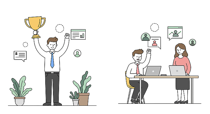 전신 여자 남자 화분 말풍선 잎 의자 일러스트 성공 대화 들기 앉기 정장 성인 세명 노트북 손들기 만세 우승 직장인 목표 트로피 책상 시상 우승자 성인만 국내일러스트 AI파일 식물 직업 옷 가구 컨셉 모션 말하기 사람 전자제품 최고 상_우승 파일형식 벡터