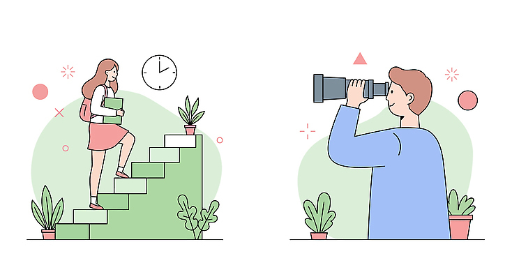 전신 여자 남자 화분 시계 잎 일러스트 배낭 성공 들기 상반신 성인 두명 계단 망원경 관찰 목표 오르기 성인만 국내일러스트 AI파일 식물 컨셉 가방 모션 사람 파일형식 벡터