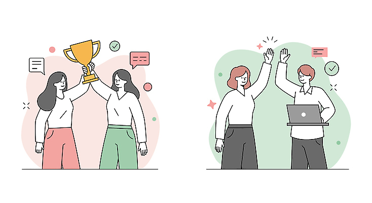 여자 남자 화분 말풍선 일러스트 성공 대화 들기 여러명 성인 노트북 우승 목표 트로피 하이파이브 시상 우승자 성인만 국내일러스트 AI파일 다수 컨셉 모션 말하기 사람 손짓 전자제품 최고 상_우승 파일형식 벡터