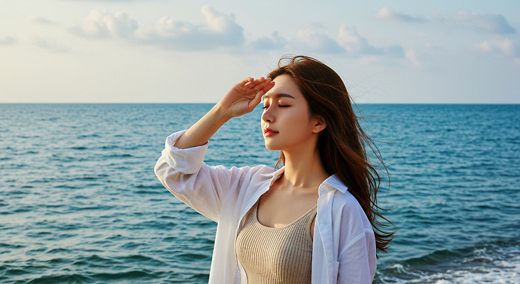 JPG 모델 편집이미지 여자 여유 바다 휴가 휴식 한명 상반신 성인 야외 여름 손들기 노을 눈감음 가림 의료성형뷰티 성인여자한명만 편집실사 AI인물포토 AI콘텐츠 자연요소 1 계절 감정 컨셉 모션 사람 CG 여자한명만 성인여자만 파일형식 AI포토
