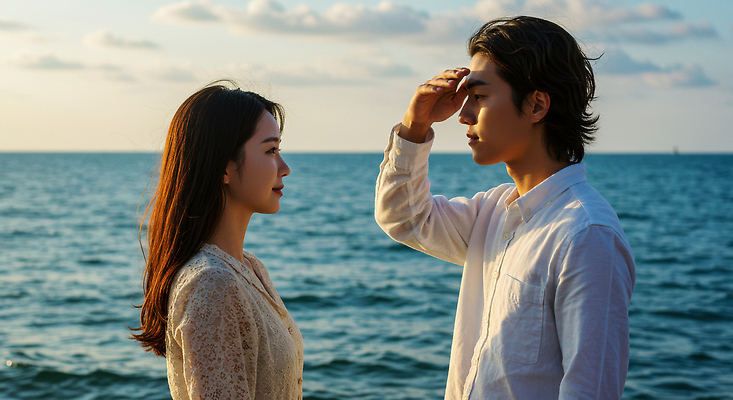 JPG 모델 편집이미지 커플 여자 남자 행복 여유 바다 휴가 휴식 상반신 성인 두명 여름 햇빛 손들기 마주보기 노을 가림 의료성형뷰티 성인만 편집실사 AI인물포토 AI콘텐츠 자연요소 계절 감정 컨셉 관계 모션 사람 태양 CG 파일형식 AI포토