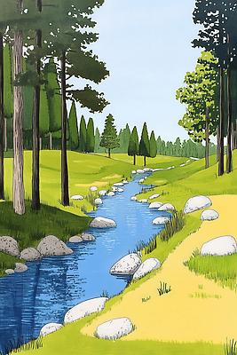 JPG 나무 물결 일러스트 자연 잔디 사람없음 초록색 여름풍경 바위 개울 숲속 경관 국내일러스트 AI일러스트 AI콘텐츠 식물 컬러 풍경 강 돌_바위 숲 생태계 파일형식 여름_계절