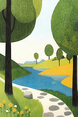 JPG 나무 꽃 호수 일러스트 자연 잔디 초원 사람없음 초록색 여름풍경 산책로 바위 경관 국내일러스트 AI일러스트 AI콘텐츠 식물 길 컬러 풍경 돌_바위 생태계 파일형식 여름_계절