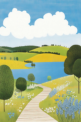 JPG 나무 구름 꽃 호수 일러스트 자연 하늘 잔디 초원 사람없음 여름풍경 산책로 언덕 경관 국내일러스트 AI일러스트 AI콘텐츠 자연요소 식물 길 풍경 생태계 파일형식 여름_계절