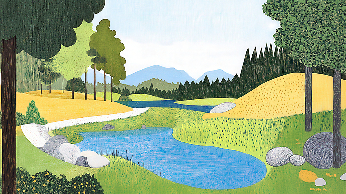 JPG 나무 호수 일러스트 자연 하늘 산 잔디 사람없음 여름풍경 바위 숲속 언덕 경관 국내일러스트 AI일러스트 AI콘텐츠 식물 풍경 돌_바위 숲 생태계 파일형식 여름_계절