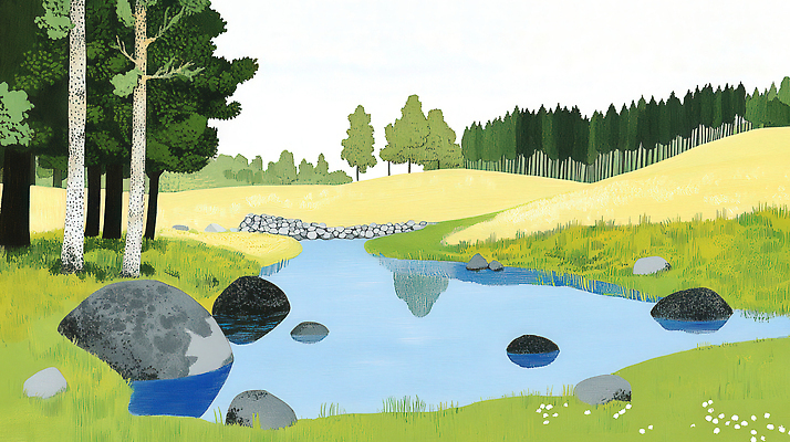 JPG 나무 호수 일러스트 자연 하늘 잔디 초원 사람없음 반사 여름풍경 바위 숲속 언덕 경관 국내일러스트 AI일러스트 AI콘텐츠 식물 풍경 돌_바위 숲 생태계 파일형식 여름_계절