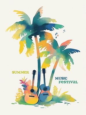 PSD 포스터 음표 일러스트 열대 해변 사람없음 초록색 야자수 기타 풀잎 음악축제 국내일러스트 나무 기호 음악 바다 컬러 잎 현악기 축제 풀_식물 파일형식