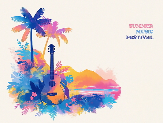 PSD 꽃 포스터 일러스트 열대 산 해변 사람없음 컬러풀 야자수 일몰 기타 풀잎 음악축제 국내일러스트 나무 식물 음악 바다 컬러 잎 현악기 노을 축제 풀_식물 파일형식