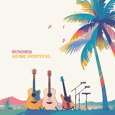 PSD 포스터 음표 일러스트 열대 해변 사람없음 컬러풀 야자수 기타 밴드 스탠드마이크 베이스기타 음악축제 국내일러스트 나무 기호 음악 바다 컬러 현악기 축제 마이크 파일형식