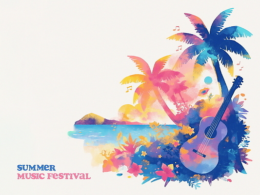 PSD 꽃 포스터 음표 일러스트 열대 산 해변 사람없음 컬러풀 야자수 일몰 기타 풀잎 음악축제 국내일러스트 나무 식물 기호 음악 바다 컬러 잎 현악기 노을 축제 풀_식물 파일형식