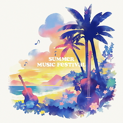 PSD 꽃 포스터 음표 일러스트 열대 산 해변 사람없음 컬러풀 야자수 일몰 기타 풀잎 음악축제 국내일러스트 나무 식물 기호 음악 바다 컬러 잎 현악기 노을 축제 풀_식물 파일형식
