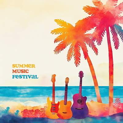 PSD 포스터 일러스트 열대 해변 사람없음 야자수 주황색 일몰 기타 풀잎 베이스기타 음악축제 국내일러스트 나무 음악 바다 컬러 잎 현악기 노을 축제 풀_식물 파일형식