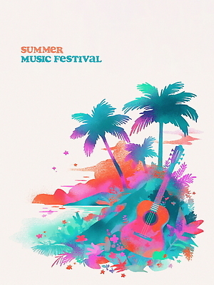 PSD 꽃 포스터 일러스트 열대 해변 사람없음 컬러풀 야자수 일몰 기타 풀잎 음악축제 국내일러스트 나무 식물 음악 바다 컬러 잎 현악기 노을 축제 풀_식물 파일형식