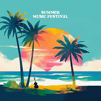 PSD 구름 포스터 파도 하늘색 일러스트 열대 해변 사람없음 야자수 태양 주황색 기타 큼 음악축제 국내일러스트 자연요소 나무 음악 바다 컬러 현악기 파란색 축제 크기 파일형식