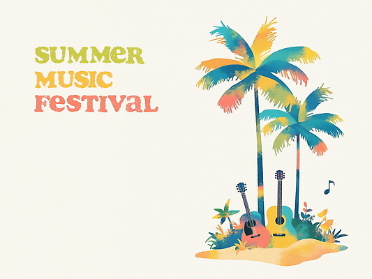 PSD 포스터 모래 음표 일러스트 열대 사람없음 컬러풀 야자수 기타 풀잎 음악축제 국내일러스트 나무 기호 음악 컬러 잎 현악기 축제 풀_식물 파일형식