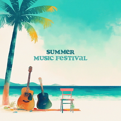 PSD 포스터 의자 일러스트 하늘 열대 산 해변 사람없음 야자수 햇빛 기타 민트색 음악축제 국내일러스트 나무 음악 바다 컬러 가구 현악기 태양 축제 파일형식