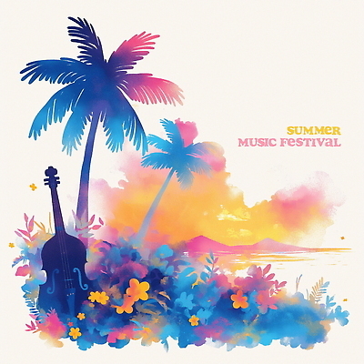 PSD 꽃 포스터 일러스트 현악기 열대 산 해변 사람없음 컬러풀 야자수 일몰 기타 풀잎 음악축제 국내일러스트 나무 식물 악기 음악 바다 컬러 잎 노을 축제 풀_식물 파일형식