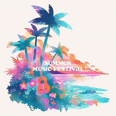 PSD 구름 꽃 포스터 일러스트 열대 해변 사람없음 컬러풀 야자수 일몰 기타 풀잎 음악축제 국내일러스트 자연요소 나무 식물 음악 바다 컬러 잎 현악기 노을 축제 풀_식물 파일형식