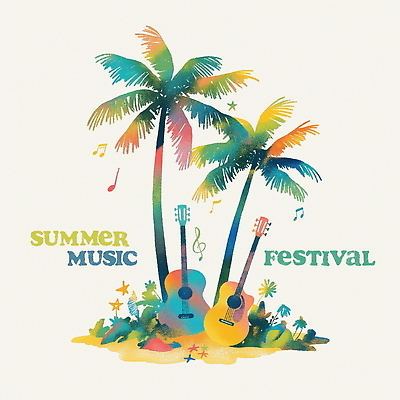 PSD 포스터 음표 일러스트 열대 해변 사람없음 컬러풀 야자수 기타 풀잎 음악축제 국내일러스트 나무 기호 음악 바다 컬러 잎 현악기 축제 풀_식물 파일형식