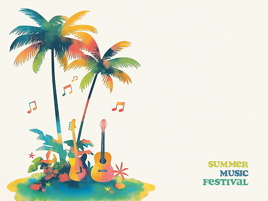 PSD 포스터 섬 음표 일러스트 열대 사람없음 컬러풀 야자수 기타 풀잎 베이스기타 음악축제 국내일러스트 나무 기호 음악 컬러 잎 현악기 축제 풀_식물 파일형식