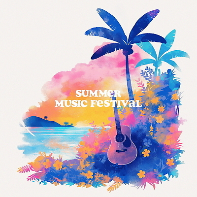 PSD 꽃 포스터 일러스트 열대 산 해변 사람없음 컬러풀 야자수 일몰 기타 풀잎 음악축제 국내일러스트 나무 식물 음악 바다 컬러 잎 현악기 노을 축제 풀_식물 파일형식