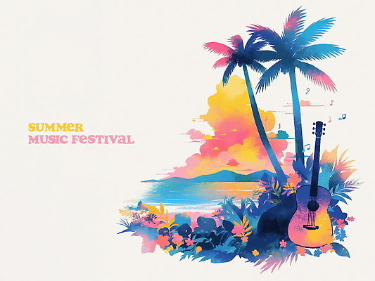PSD 구름 꽃 포스터 일러스트 열대 산 해변 사람없음 컬러풀 야자수 일몰 기타 풀잎 음악축제 국내일러스트 자연요소 나무 식물 음악 바다 컬러 잎 현악기 노을 축제 풀_식물 파일형식