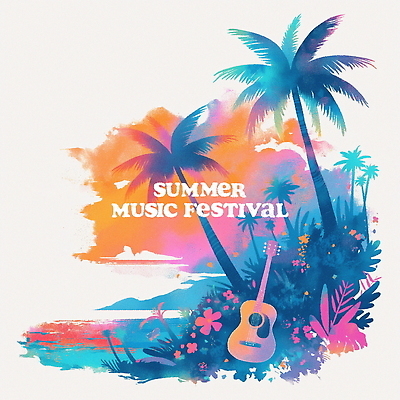PSD 꽃 포스터 일러스트 열대 해변 사람없음 컬러풀 야자수 일몰 기타 풀잎 음악축제 국내일러스트 나무 식물 음악 바다 컬러 잎 현악기 노을 축제 풀_식물 파일형식