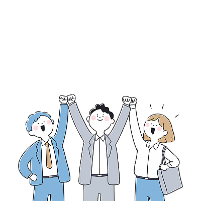 여자 남자 허리손 가방 일러스트 비즈니스 응원 직장 미소 웃음 정장 성인 세명 손들기 파이팅 만세 비즈니스맨 비즈니스우먼 성인만 국내일러스트 AI파일 잡화 옷 포즈 회사 모션 표정 사람 직장인 파일형식 벡터