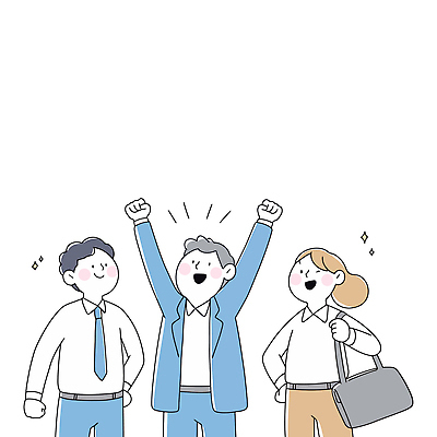 여자 남자 허리손 가방 일러스트 비즈니스 응원 직장 미소 웃음 정장 성인 세명 반짝임 손들기 파이팅 만세 비즈니스맨 비즈니스우먼 성인만 국내일러스트 AI파일 잡화 옷 포즈 회사 모션 표정 사람 직장인 파일형식 벡터