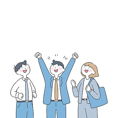 여자 남자 일러스트 비즈니스 응원 직장 미소 웃음 정장 성인 세명 손들기 파이팅 만세 비즈니스맨 비즈니스우먼 에코백 성인만 국내일러스트 AI파일 옷 가방 회사 모션 표정 사람 직장인 에코 파일형식 벡터