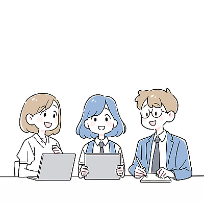 여자 남자 일러스트 비즈니스 회의 협력 직장 미소 웃음 앉기 정장 상반신 성인 세명 노트북 태블릿 펜 공책 기록 잡기 비즈니스맨 비즈니스우먼 책상 성인만 안경낌 국내일러스트 AI파일 옷 안경 가구 회사 모션 문구용품 표정 사람 전자제품 스마트기기 필기구 직장인 파일형식 벡터