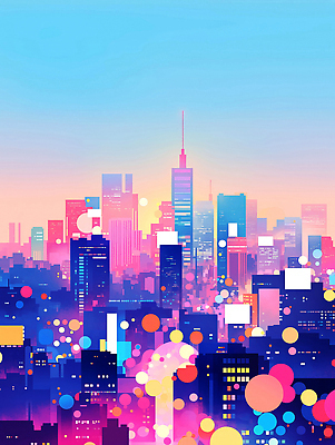 JPG 일러스트 사람없음 빛 도시풍경 컬러풀 노을 고층빌딩 보케 감성 스카이라인 빌딩숲 몽환 국내일러스트 AI일러스트 AI콘텐츠 자연요소 컬러 컨셉 풍경 빌딩 도시 파일형식
