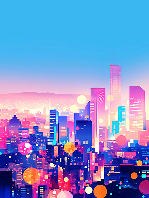 JPG 일러스트 사람없음 빛 도시풍경 컬러풀 노을 고층빌딩 보케 감성 스카이라인 빌딩숲 몽환 국내일러스트 AI일러스트 AI콘텐츠 자연요소 컬러 컨셉 풍경 빌딩 도시 파일형식