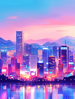 JPG 일러스트 산 사람없음 빛 강 도시풍경 컬러풀 반사 노을 보라색 고층빌딩 감성 스카이라인 빌딩숲 몽환 국내일러스트 AI일러스트 AI콘텐츠 자연요소 컬러 컨셉 풍경 빌딩 도시 파일형식