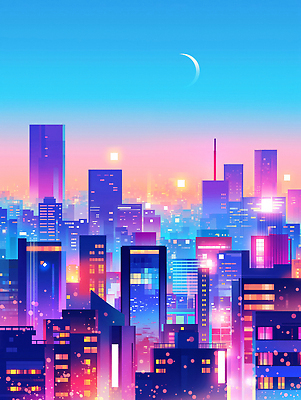 JPG 야경 일러스트 밤하늘 사람없음 빛 도시풍경 컬러풀 고층빌딩 달 초승달 감성 스카이라인 빌딩숲 몽환 국내일러스트 AI일러스트 AI콘텐츠 자연요소 컬러 컨셉 하늘 풍경 빌딩 도시 야간 파일형식 풍경_경치