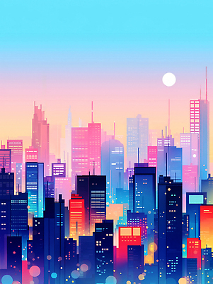 JPG 야경 일러스트 밤하늘 사람없음 빛 도시풍경 컬러풀 고층빌딩 달 보케 감성 스카이라인 빌딩숲 몽환 국내일러스트 AI일러스트 AI콘텐츠 자연요소 컬러 컨셉 하늘 풍경 빌딩 도시 야간 파일형식 풍경_경치