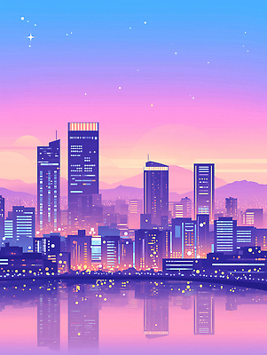 JPG 구름 일러스트 산 사람없음 빛 강 도시풍경 컬러풀 반사 노을 보라색 고층빌딩 감성 스카이라인 빌딩숲 몽환 국내일러스트 AI일러스트 AI콘텐츠 자연요소 컬러 컨셉 풍경 빌딩 도시 파일형식