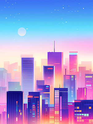 JPG 야경 일러스트 밤하늘 사람없음 빛 도시풍경 컬러풀 고층빌딩 달 감성 스카이라인 빌딩숲 몽환 국내일러스트 AI일러스트 AI콘텐츠 자연요소 컬러 컨셉 하늘 풍경 빌딩 도시 야간 파일형식 풍경_경치