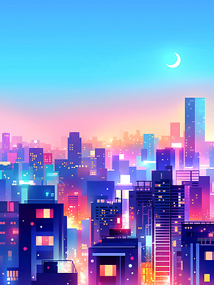 JPG 야경 일러스트 밤하늘 사람없음 빛 도시풍경 컬러풀 고층빌딩 달 감성 스카이라인 빌딩숲 몽환 국내일러스트 AI일러스트 AI콘텐츠 자연요소 컬러 컨셉 하늘 풍경 빌딩 도시 야간 파일형식 풍경_경치